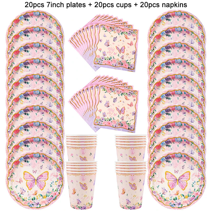 Butterfly Disposable Tableware Set Paper Plate Cup Napkins Pink Butterfly Birthday Party Decoration Baby Shower Wedding Supplies Good Vibrations