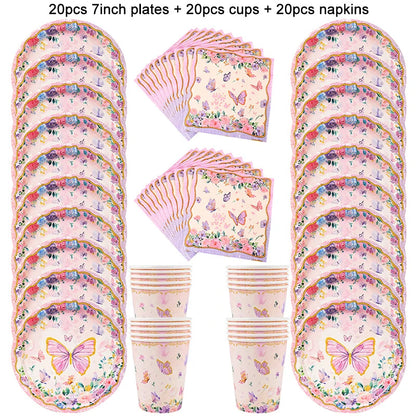 Butterfly Disposable Tableware Set Paper Plate Cup Napkins Pink Butterfly Birthday Party Decoration Baby Shower Wedding Supplies Good Vibrations