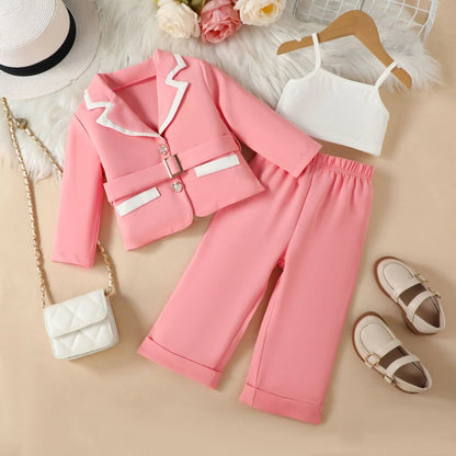 Ceeniu 4pcs Elegant Suit For Girls Children's Clothing Belted Turn-Down Collar Jacket+Camisole+Pants Luxury Girls Blazer Sets Good Vibrations