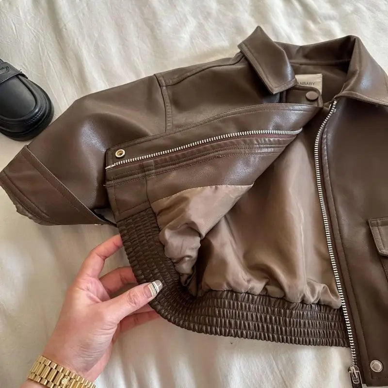 2-10Y Baby Boys Girls Zipper Jackets Brown PU Leather Lapel Collar Coats Korean Style Autumn Single Breasted Toddler Cardigans Good Vibrations