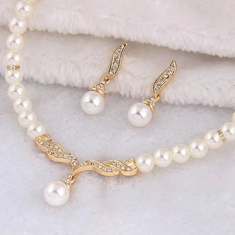 Creative Gold Color Necklace + 1 Pair Earrings Wedding Bridal Pearl Jewelry Set For Women Lady Female Good Vibrations Adult Super Store