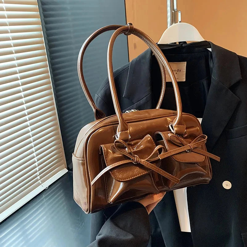 Bow Pocket Design Women's Shoulder Bag Vintage Pu Leather Ladies Small Underarm Bags Fashion Female Luxury Handbags Tote Purse Good Vibrations
