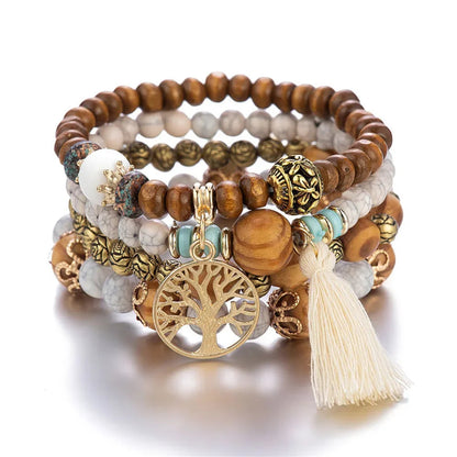 4Pcs/Set Boho Wooden Beaded Bracelet Set For Women Tree Of Life White Tassels Charm Elastic Chain Bangle Lady Bohemia Jewelry Good Vibrations