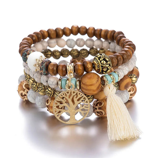 4Pcs/Set Boho Wooden Beaded Bracelet Set For Women Tree Of Life White Tassels Charm Elastic Chain Bangle Lady Bohemia Jewelry Good Vibrations