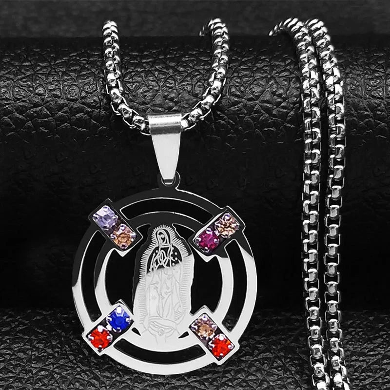 Catholic Jesus Cross Stainless Steel Necklace Saint Benedict Crystal Virgin Mary Pendant Crucifix Male Necklaces Jewelry cruz Good Vibrations