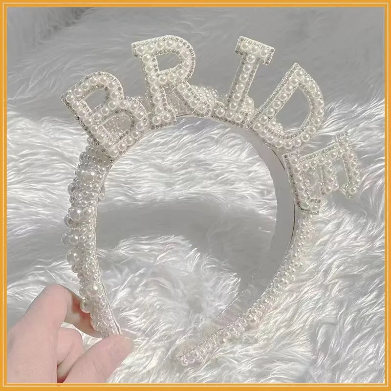 Bride to be Pearl crown Headband Bach Bachelorette hen Party Bridal Shower wedding engagement rehearsal dinner Decoration Gift Good Vibrations