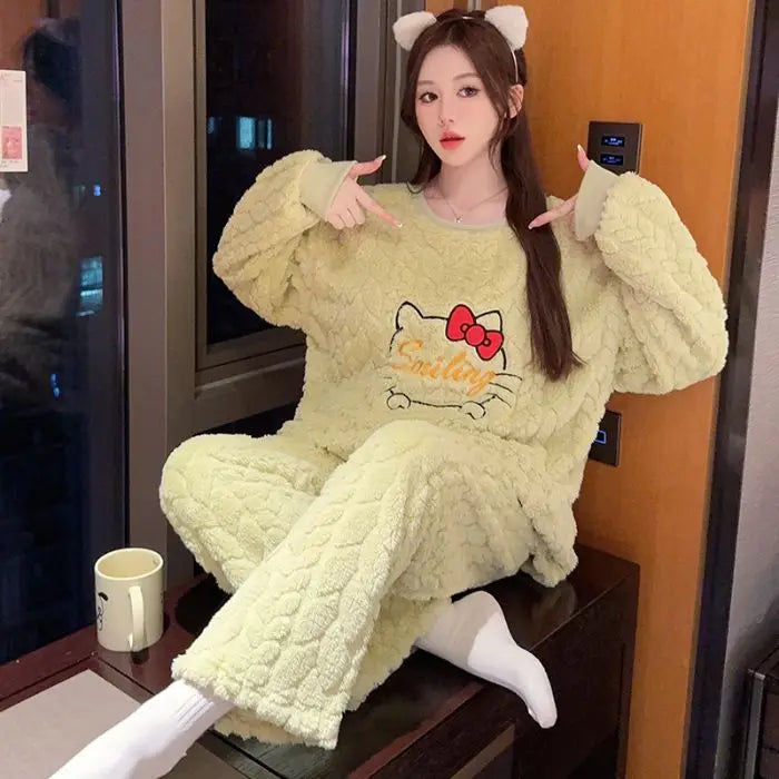 Thickened Cute Cartoon Sleepwear Set for Women Warm Home Clothes plus Size Long Sleeve round Neck Comfortable Polyester Fiber Good Vibrations