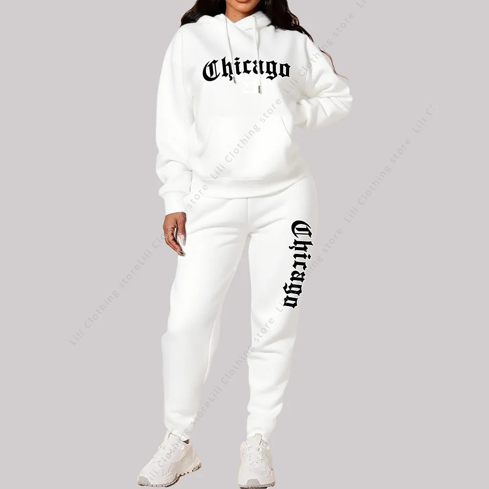Women's Sets Hoodies Pants 2 Piece Outfits Aesthetic Sportswear Sweatsuit Chicago Graphic Letter Print Plus Size Pink Tracksuit Good Vibrations