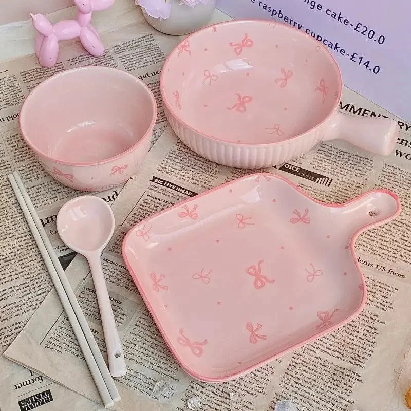 Pink Bow Ceramic Cutlery Set, Dessert Home Tableware Ceramic Handle Bowl Yogurt Cup High Value Breakfast Plate Drinkware Good Vibrations