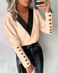 Office Ladies V-neck Button Shirt Blouse Spring Autumn Fashion Color Matching Long Sleeve Shirts For Women 2024 White Tops Femme Good Vibrations