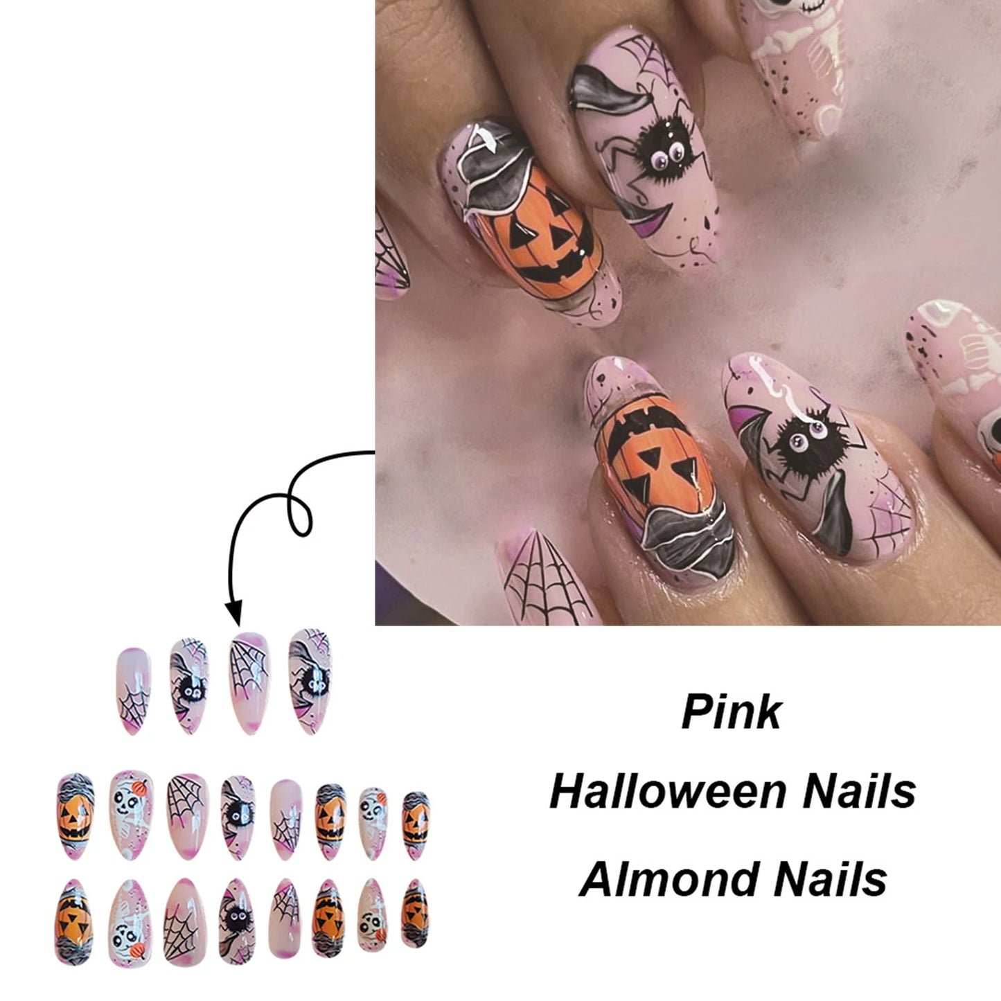 24pcs Light Pink Fake Nail Patches Pumpkin Spider Web Horror Skull Designs Press On Nails Halloween False Nail Wearable Manicure Good Vibrations