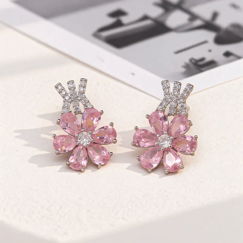 Charm Bridal Pink Zircon Big Flower Stud Earrings Pendants Necklaces For Women Silver Color Wedding Engagement Jewelry Sets Good Vibrations