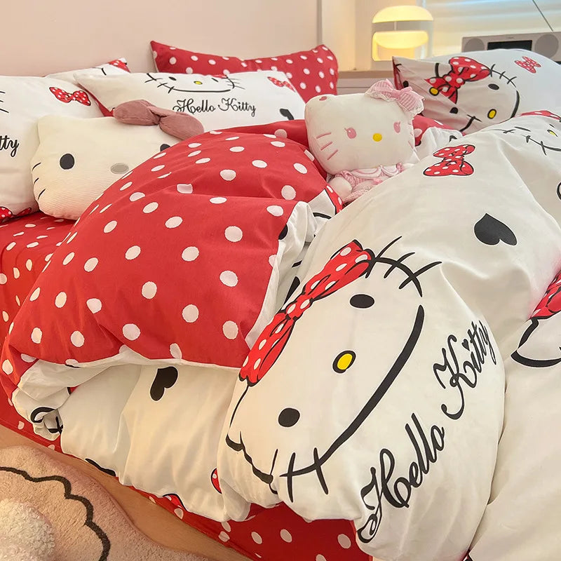 Sanrio 100% Cotton Bedding Set Cute Hello Kitty Kuromi Melody King Queen Pillowcase Bed Linens Girl Dorm Bedclothes Home Textile Good Vibrations