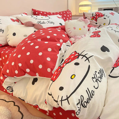 Sanrio 100% Cotton Bedding Set Cute Hello Kitty Kuromi Melody King Queen Pillowcase Bed Linens Girl Dorm Bedclothes Home Textile Good Vibrations