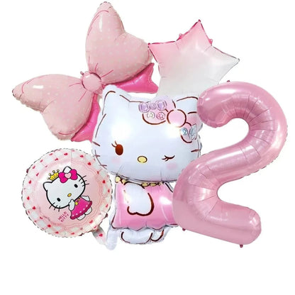 5pcs Hello Kitty Themed Birthday Party Decoration Supplies Kawaii KT Cat 32 Inch Number Foil Balloon Kit Baby Shower Girls Gift Good Vibrations