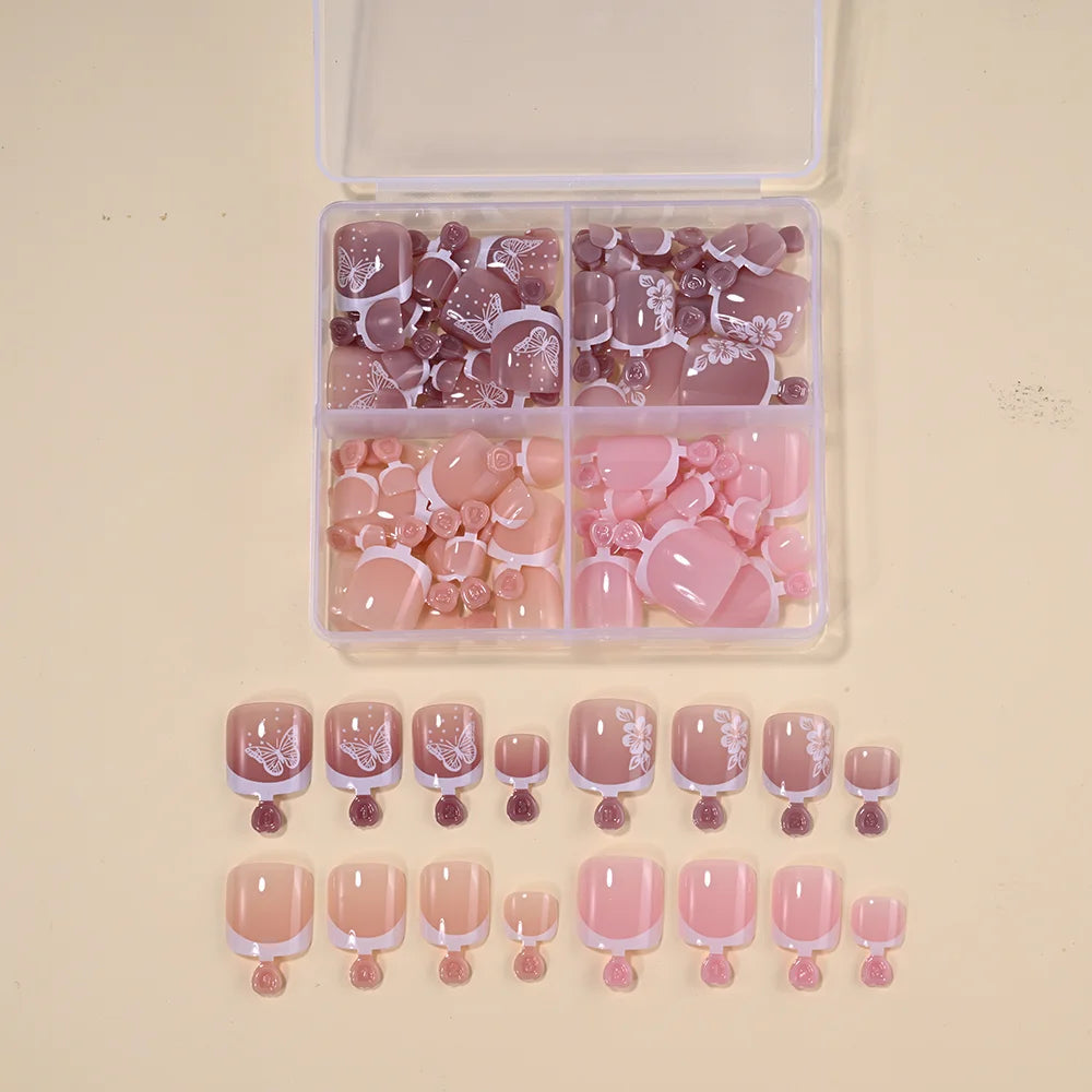 96Pcs/Box French Fake Toenails Butterfly/Flower Design Short Square  Press On Toenail Glossy Full Cover False Toe Nail Extension Good Vibrations
