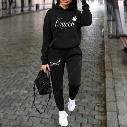 Queen Letter Graphic Print Women's Sets Hoodies Pants 2pcs Suit Autumn Winter Sports Jogging High quality Aesthetic Tracksuit Good Vibrations