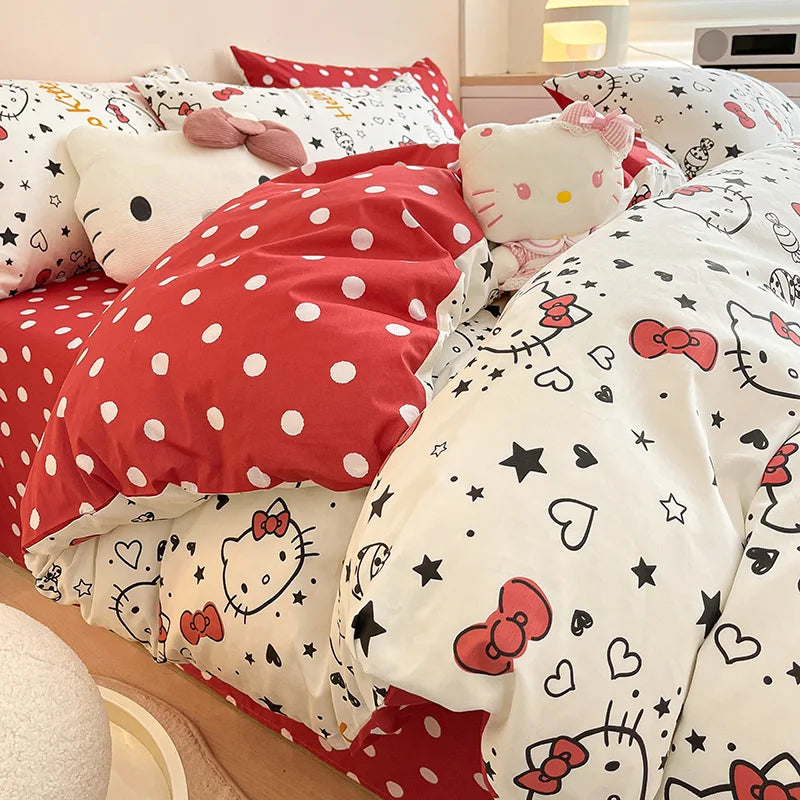 Sanrio 100% Cotton Bedding Set Cute Hello Kitty Kuromi Melody King Queen Pillowcase Bed Linens Girl Dorm Bedclothes Home Textile Good Vibrations