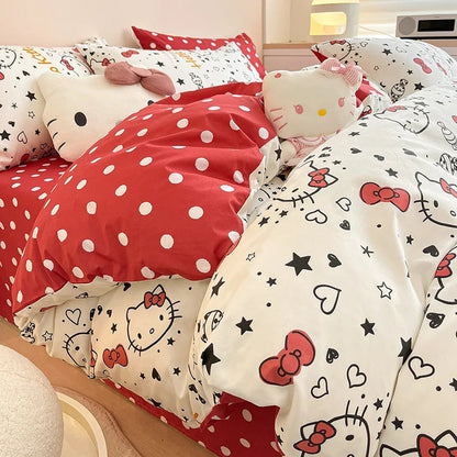 Sanrio 100% Cotton Bedding Set Cute Hello Kitty Kuromi Melody King Queen Pillowcase Bed Linens Girl Dorm Bedclothes Home Textile Good Vibrations