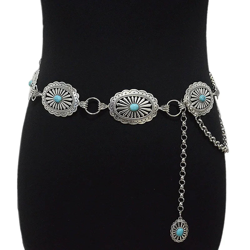 Retro New Women's Belt Casual Retro Oval Texture Buckle Decoration Metal Chain Waist Chain Good Vibrations