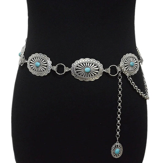 Retro New Women's Belt Casual Retro Oval Texture Buckle Decoration Metal Chain Waist Chain Good Vibrations