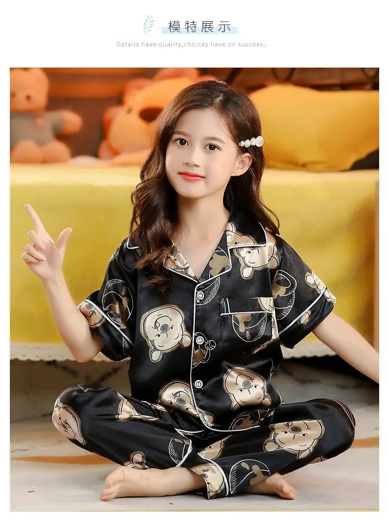 New Kids Spring Autumn Silk Satin Pajamas Set Girls Cartoon Button-Down Long Sleeve 2 Pieces Tops+Pants Sleepwear Pyjama Clothes Good Vibrations