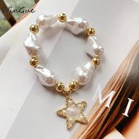 1 Pcs Baroque Imitation Pearl Bead Bracelet Women's Jewelry 18K Gold Plated Elastic Bracelet Good Vibrations