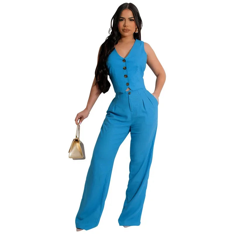 Fashion Elegant Two Piece Set for Women Workwear Office Lady Sleeveless Vest Single-breasted Top + Wide Leg Pants Business Suit Good Vibrations
