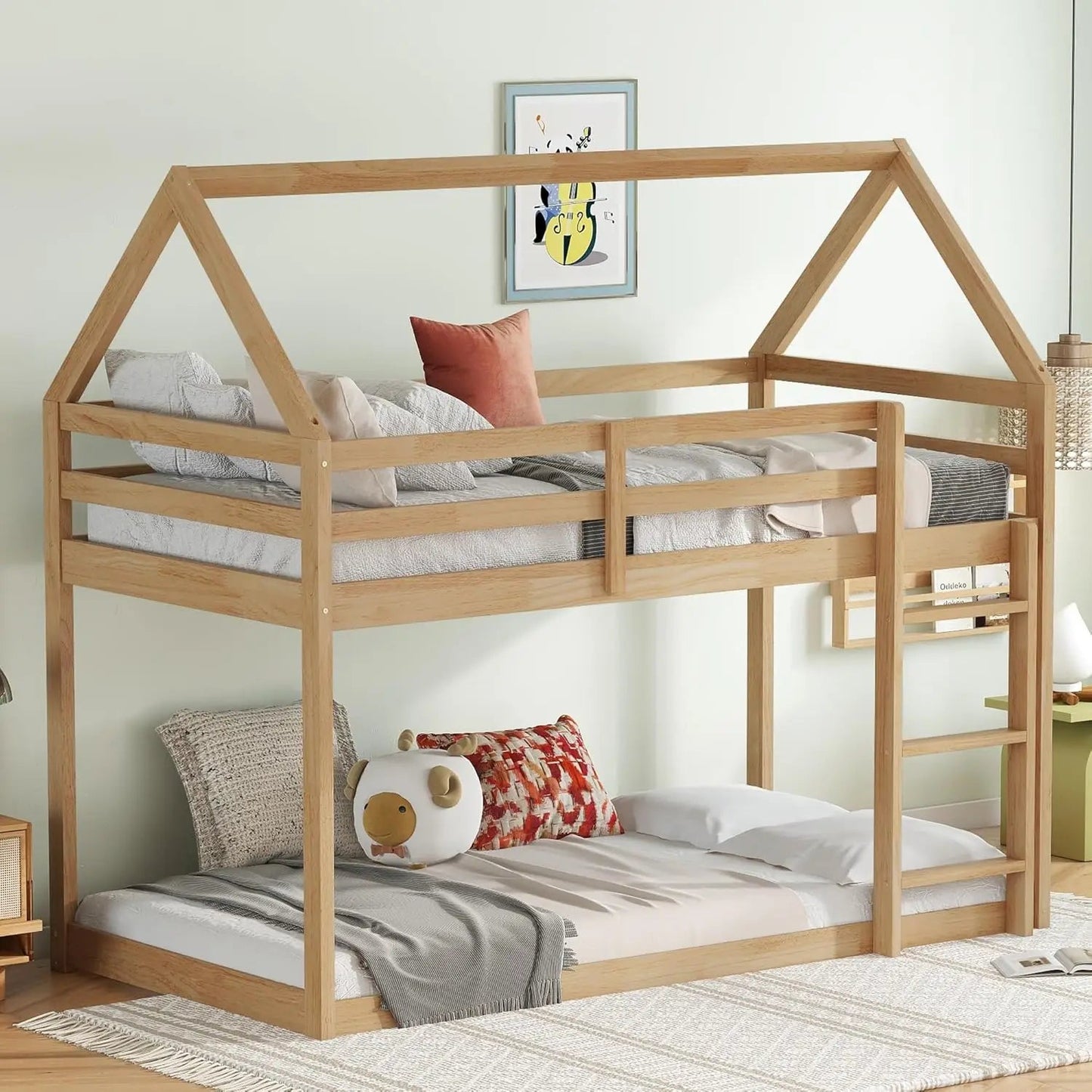 Twin Over Twin Bunk Bed for Girls Boys,Solid Wood House Shaped Bunk Bed Frame with Ladder and Guardrails,Space Saving Design Good Vibrations