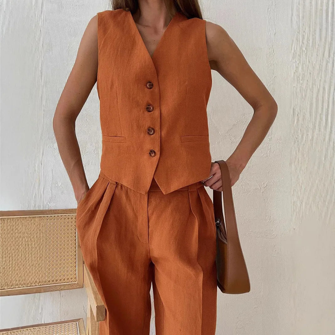 2025 New Women Linen Cotton Chic Vest ＆ Pants Suit Two-Piece Set Office Ladies Summer Chic 2 Piece Sets Women's Outfits Good Vibrations