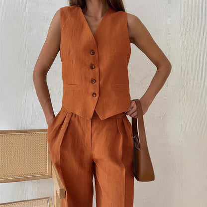 2025 New Women Linen Cotton Chic Vest ＆ Pants Suit Two-Piece Set Office Ladies Summer Chic 2 Piece Sets Women's Outfits Good Vibrations
