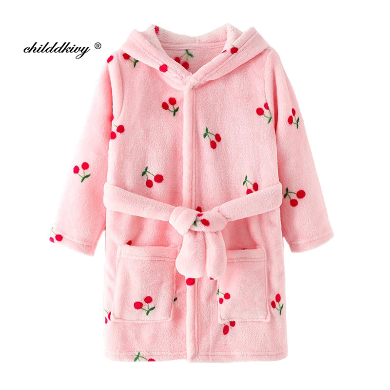 Boy and Girls Flannel Pajamas Robe Autumn and Winter Children Sleepwear Soft Hooded Kids Homewear 2-8 Years Good Vibrations