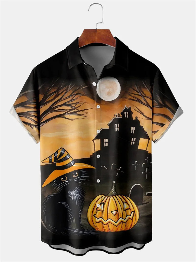 Men's Fashion Halloween Shirt Summer Cute Style Men's Clothing Party Holiday Men Top Pumpkin Head Print Boys' Short Sleeve Shirt Good Vibrations