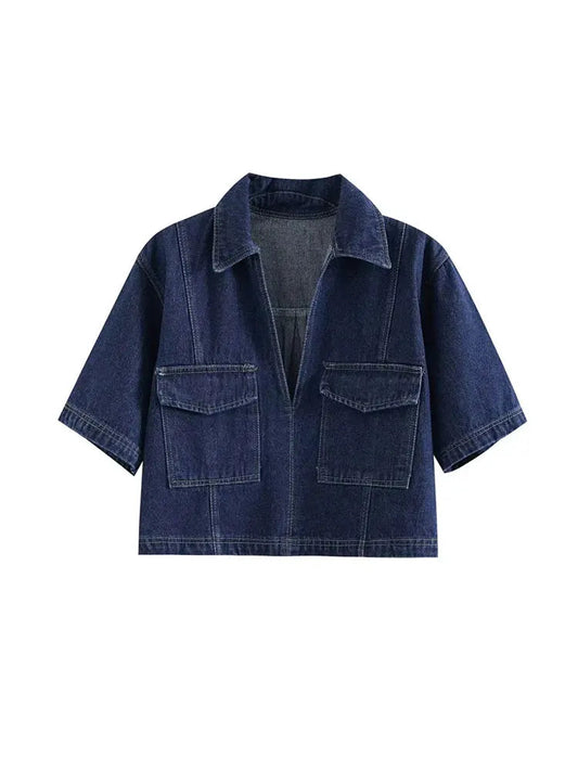 2025 Women's Fashion Flip Pocket Decoration Short Flip Collar Slim fit denim Top + Asymmetric Denim Skirt 2 Piece Set Good Vibrations