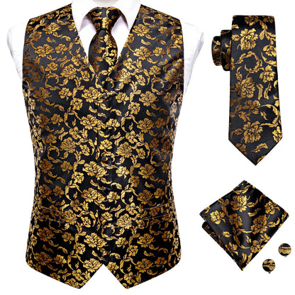 Hi-Tie Black Men Silk Vest Paisley Jacquard Necktie Hankerchief Cufflinks Sets Male Sleeveless V-Neck Waistcoat Business Formal Good Vibrations