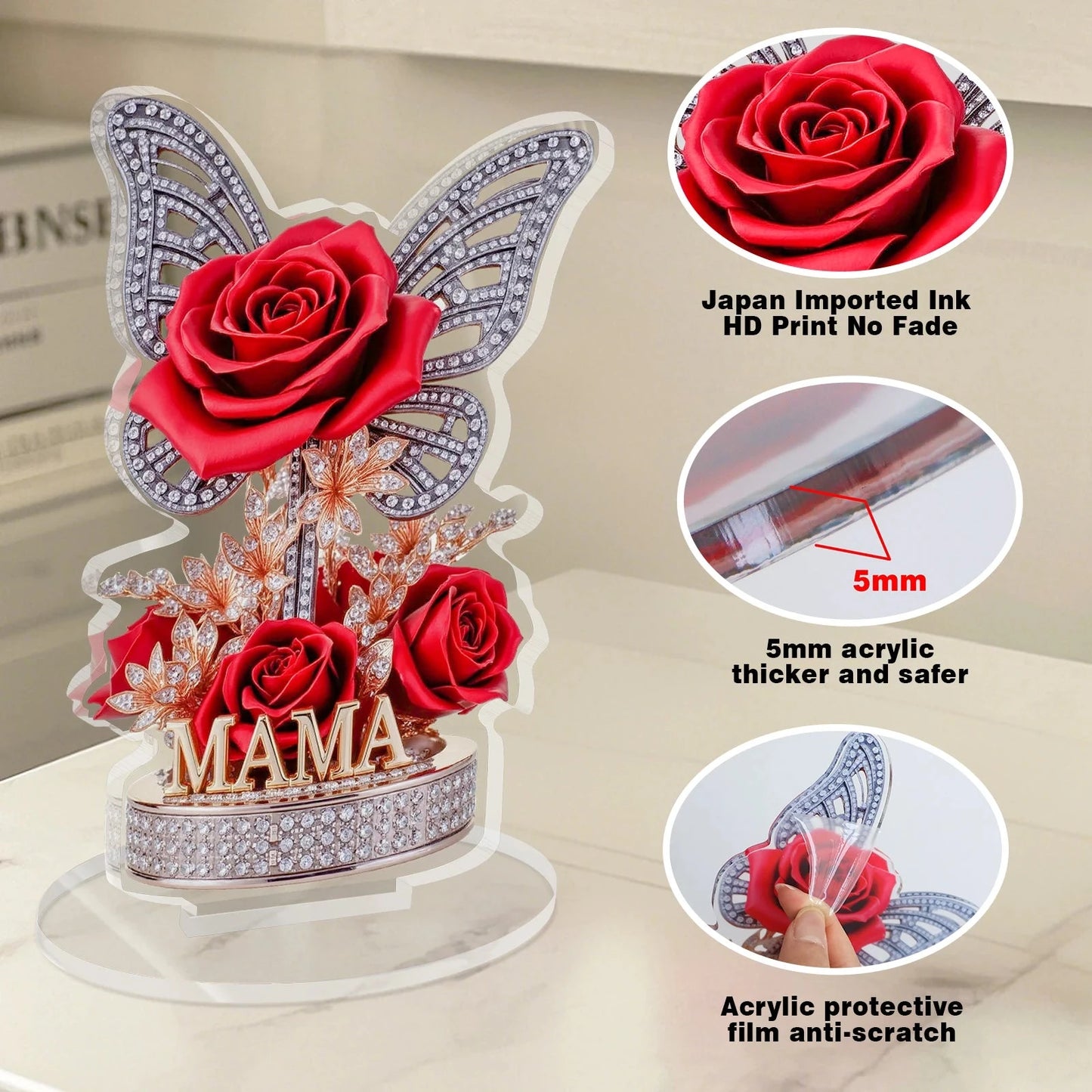 A gift for mom: An eternal souvenir, an acrylic display stand decorated with roses and butterflies. A beautiful gift Good Vibrations