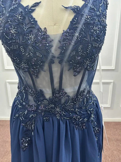 Spaghetti Straps Navy Blue A Line Evening Dresses 2025 Elegant Beaded Appliques Illusion Prom Gowns Formal Party Vestido De Gala Good Vibrations