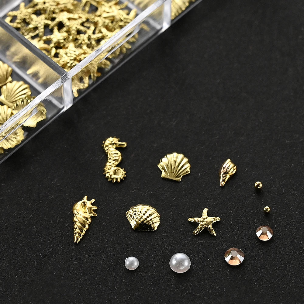 12Grid 3D Gold Ocean Rivet Nail Charms Mixed Seahorsea/Starfish /Conch Pearl/Mini Caviar Beads/Rhinestone Nail Jewery Decoration Good Vibrations