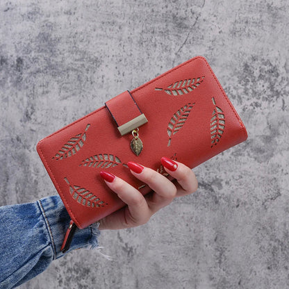 2024 new women's purse sweet lady PU leather horizontal zipper women's medium long hollow leaf purse Good Vibrations