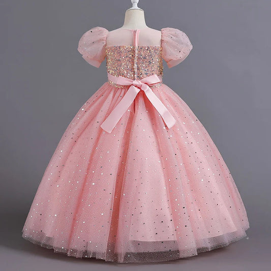 8903 Children's Dress Girls' Princess Sequin Bubble Sleeve Long Mesh Flower Little Girl Wedding For Summer Good Vibrations