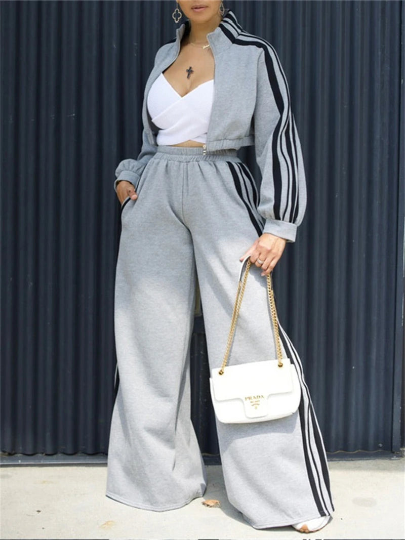 Street 2 Piece Sets Women Outfit Fall Clothes 2024 Women Side Stripe Crop Top + Pant Sets Casual Tracksuits Set Woman Sweatsuits Good Vibrations