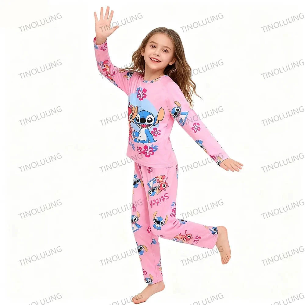 Children's Cartoon Stitch Pajamas Sets Boys Pijamas Girls Mickey Hello Kitty Sleepwear Comfortable Long Sleeve Nightwear Pjs Good Vibrations