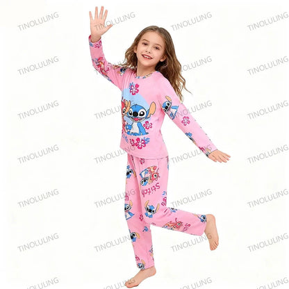 Children's Cartoon Stitch Pajamas Sets Boys Pijamas Girls Mickey Hello Kitty Sleepwear Comfortable Long Sleeve Nightwear Pjs Good Vibrations
