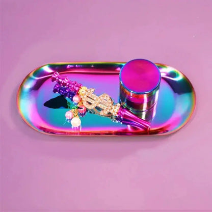 Metal rolling tray combo with grinder, multi-color tobacco kit set on a purple background.