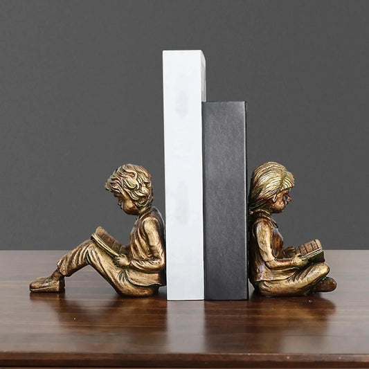 Boy Girl Reading Bookends Books Stoppers for Bookshelf Living Room Office Good Vibrations