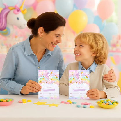 12pcs Invitation Card Unicorn Rainbow Balloon Envelope Card Girl Unicorn Theme Party Invitation Happy Birthday Party Decoration Good Vibrations