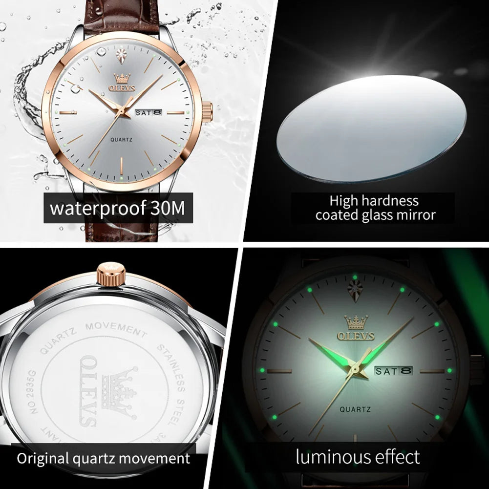 OLEVS 2935 Fashion Business Brand Men Watches Leather Strap Trend Week Calendar Quartz Watch Luminous Waterproof 43mm Dial Good Vibrations