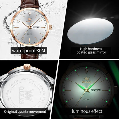 OLEVS 2935 Fashion Business Brand Men Watches Leather Strap Trend Week Calendar Quartz Watch Luminous Waterproof 43mm Dial Good Vibrations
