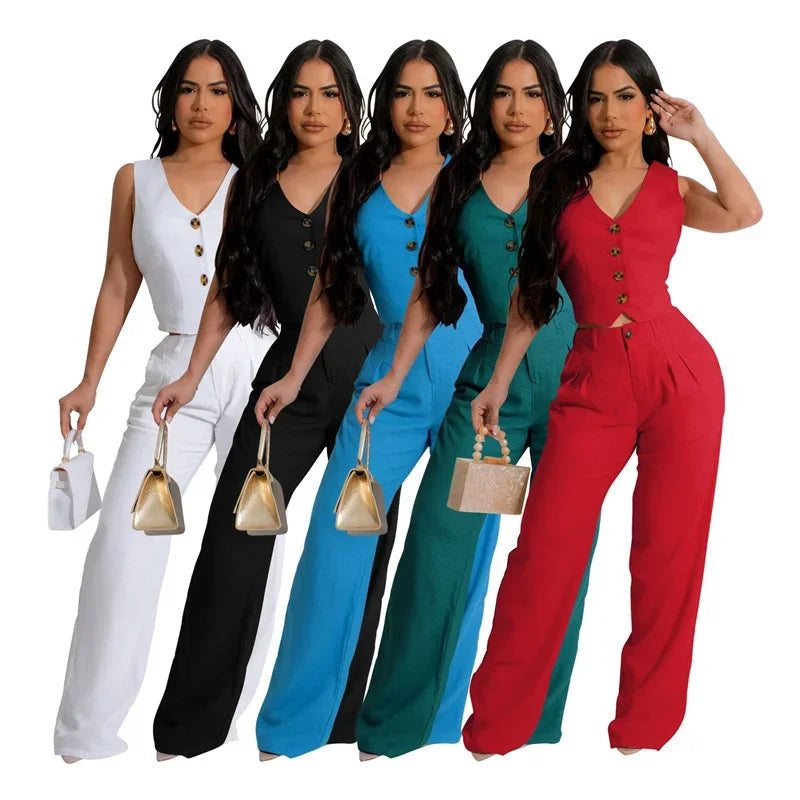 Fashion Elegant Two Piece Set for Women Workwear Office Lady Sleeveless Vest Single-breasted Top + Wide Leg Pants Business Suit Good Vibrations