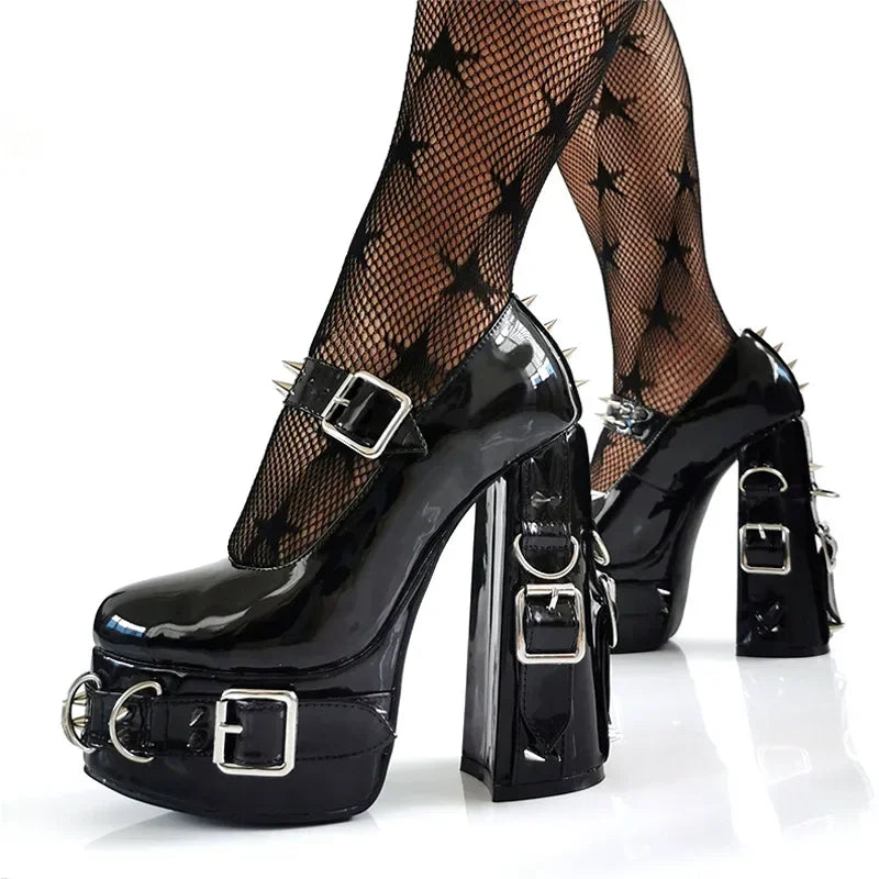 Super High Heels Gothic Pumps Metal Buckle Belt Rings Rivet Sexy Platform Cosplay Chunky High Heels Ankle Strap High Heel Shoes Good Vibrations